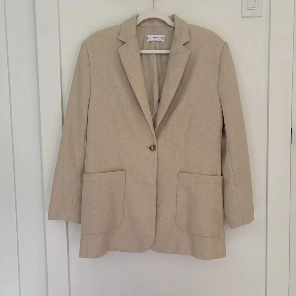 Mango Wool Blend Long Oversized Blazer Light Beige Oatmeal Size M Shoulder  Pads - Picture 4 of 9